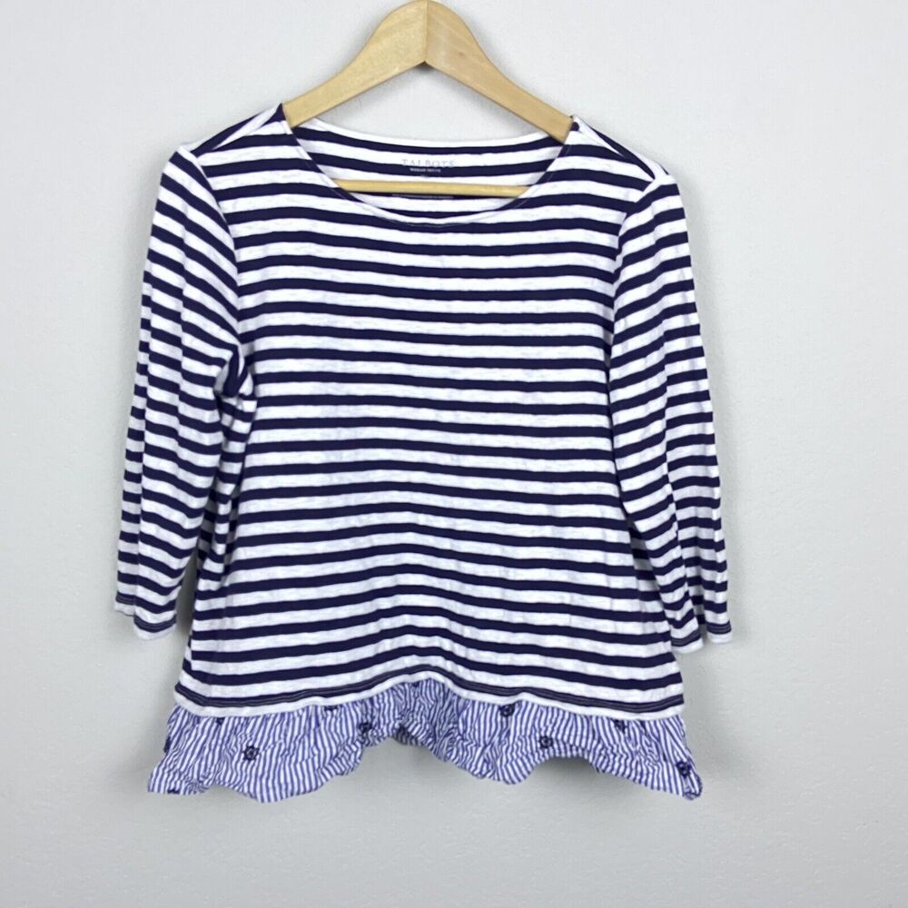 Talbots Woman Petite Navy Blue & White Striped Top Ruffle Hem 3/4 Sleeve 1XLP